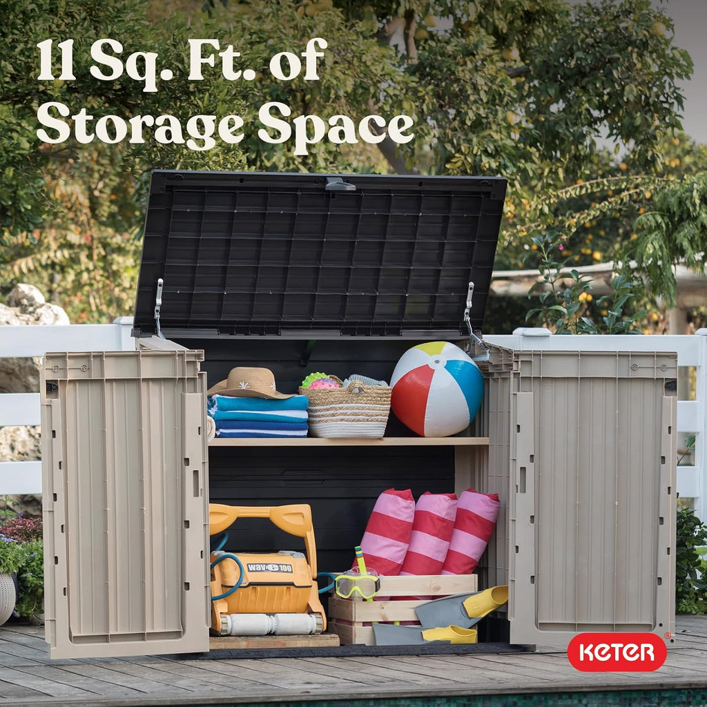 Keter Store-It-Out MIDI Outdoor Resin Storage Shed – Weather-Resistant Horizontal Cabinet for Trash Cans, Garden Tools & Patio Accessories – Lockable, Easy-Lift Lid, 30 Cu. Ft. Capacity, Beige