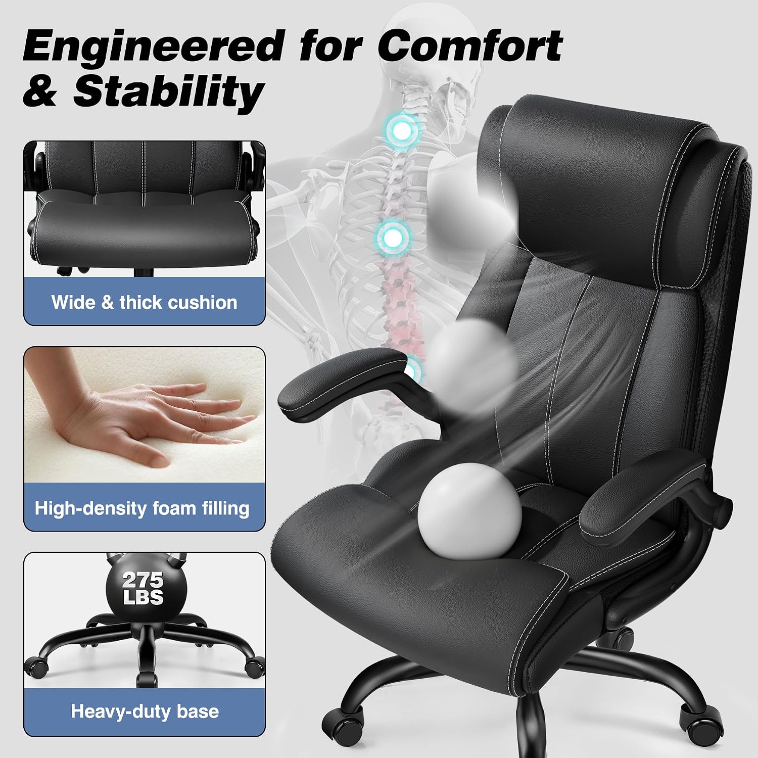 BESTFAIR Ergonomic Office Chair - Desk Computer Chair, Leather High Back Executive Chairs with Adjustable Lumbar Support & Flip Up Arms, Black 2 Pack