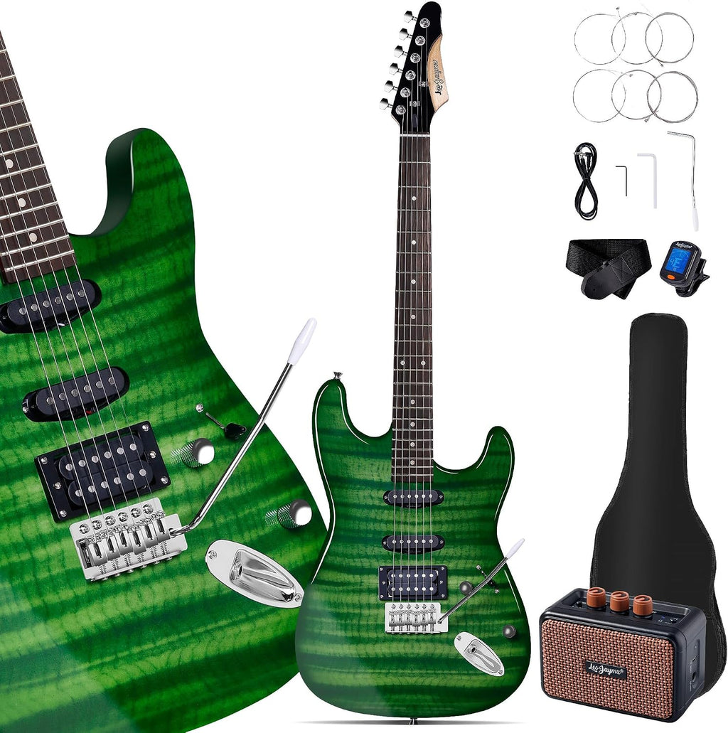 Leo Jaymz 39' Full Size ST Style Electric Guitar Starter Kit with SSH Pickup, 5W Portable Amp, Tuner, Gig Bag, Strap & Accessories (Green Flame)