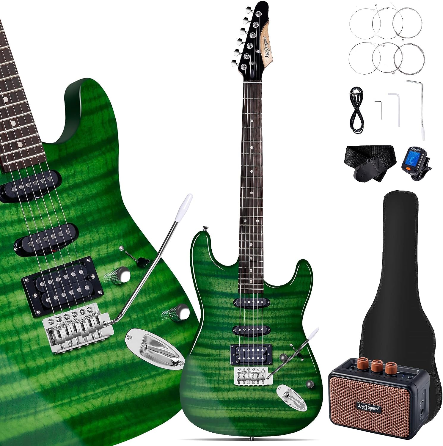 Leo Jaymz 39' Full Size ST Style Electric Guitar Starter Kit with SSH Pickup, 5W Portable Amp, Tuner, Gig Bag, Strap & Accessories (Green Flame)