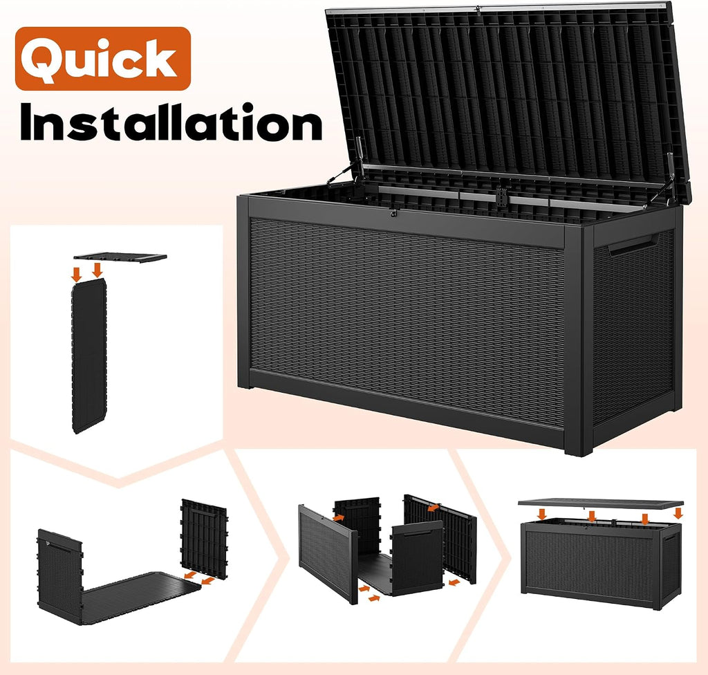 Outdoor Storage Deck Boxes Waterproof, Waterproof and UV Resistant Outdoor Storage Box Lockable Lid for Delivery Box, Indoor, Garden Tools, Pool Supplies, Patio (Black, 300 Gallon)