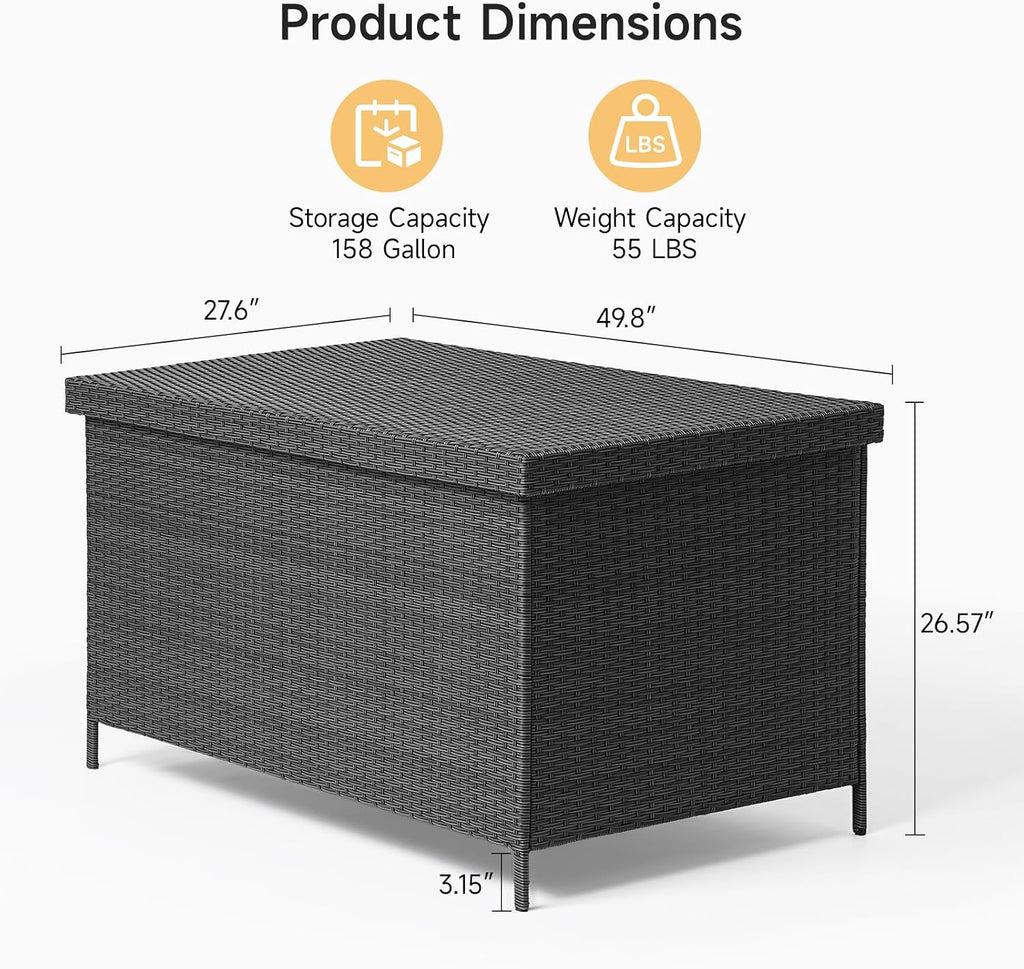 ONBRILL 158 Gallon XL Deck Box with Lid, All Weather Wicker Outdoor Storage Box Waterproof, Large Outdoor Patio Storage Bin for Cushions, Garden Tools, Gears, Pool Accessories, Black