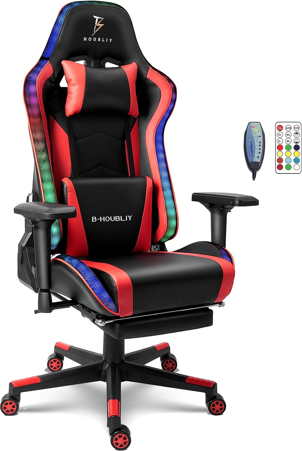 Gaming Chair with Speakers,LED Light Gaming Chair with Massage Lumbar Support,Ergonomic Pro Computer Gaming Chairs,Adult Gaming Chair with Footrest Lumbar Support and Adjustable Backrest.,Red