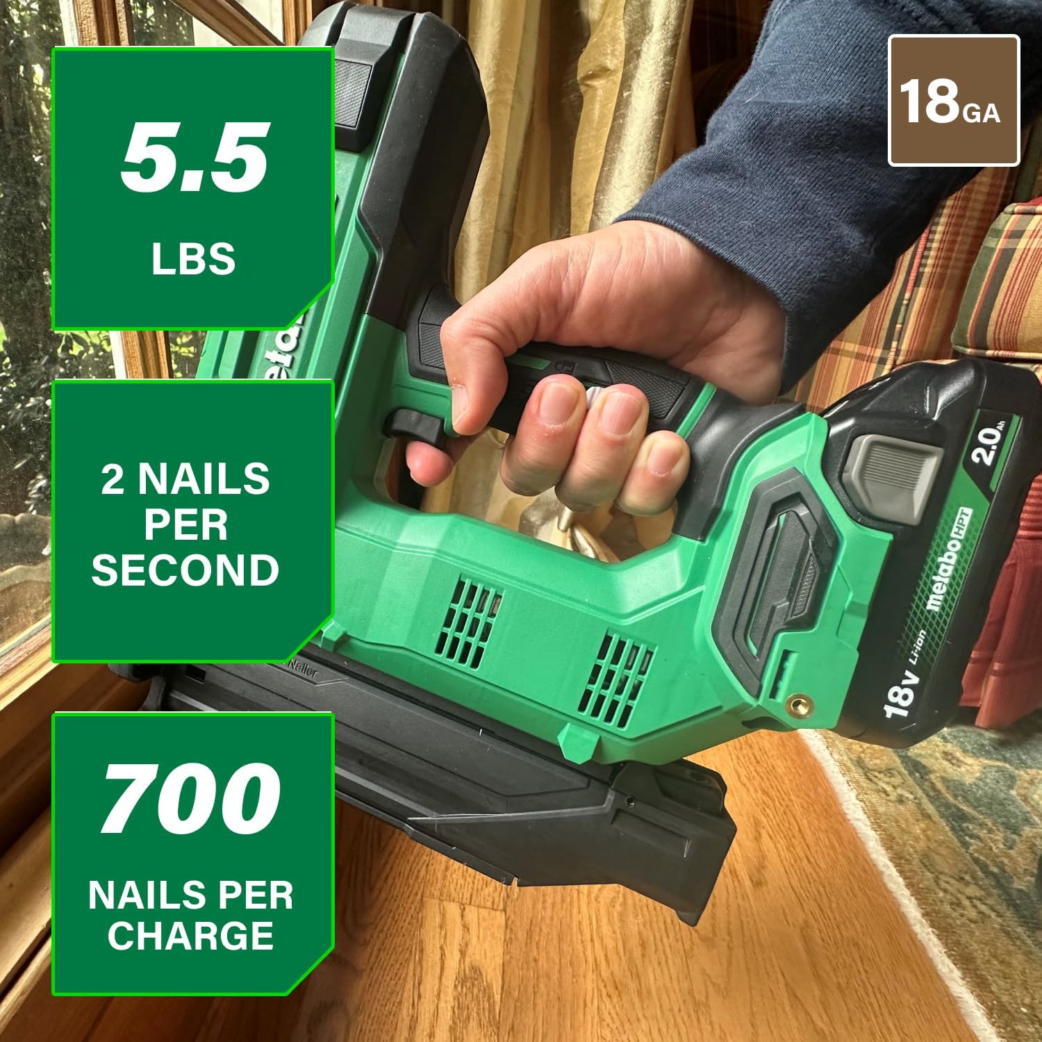 Metabo HPT 18V MultiVolt Compact Cordless Brad Nailer Kit, 18 Gauge Nailer with Power Tool 2.0Ah Lithium Ion Battery, Drives 5/8' to 2' Brad Nails, 700 per Charge, NT1850DG