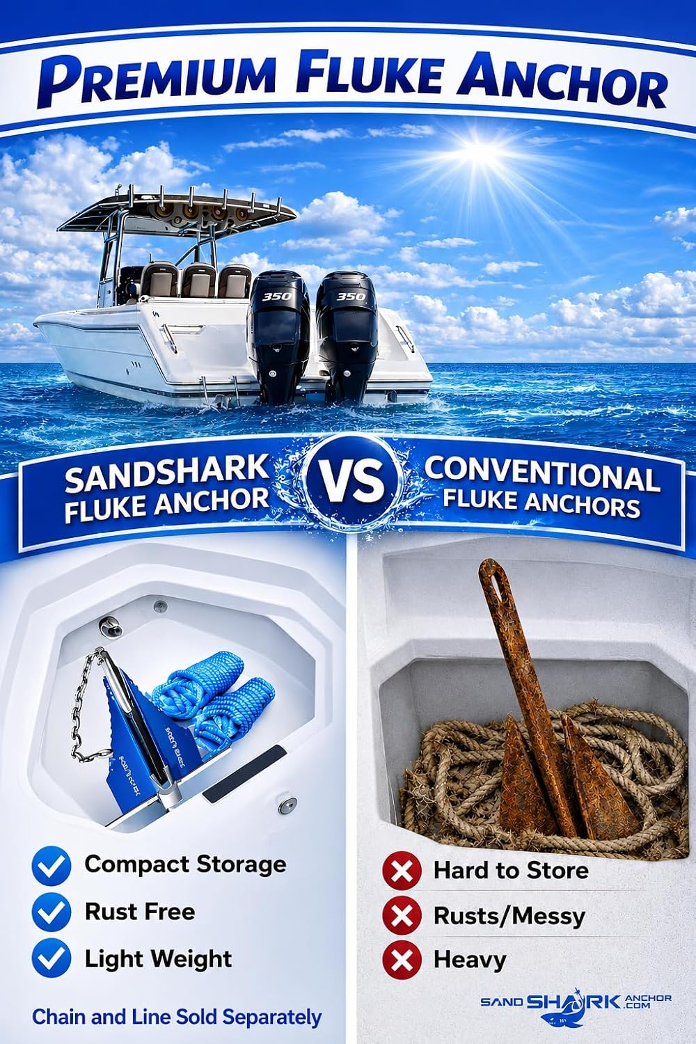 SandShark Premium Fluke Anchor-Retractable Shaft Easy Storage-Aluminum Pontoon Boat Anchor, Jet Ski Anchor. Boats<30 ft. Sand Anchor for Boat, Boat Anchor.