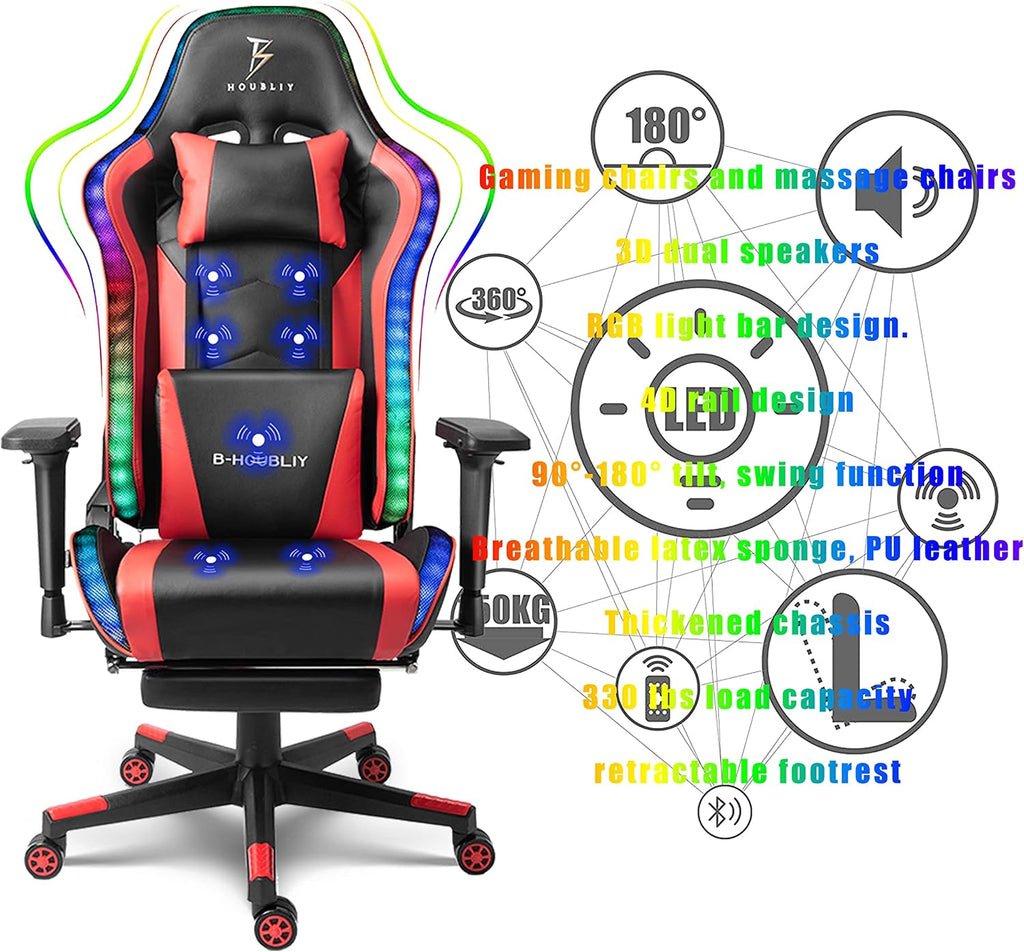 Massage Video Gaming Chair with Speaker and RGB LED Light, Ergonomic Racing Computer Gaming Chair with Footrest and Massage Lumbar Support, PU Leather, Gaming Chair for Adults.,Red