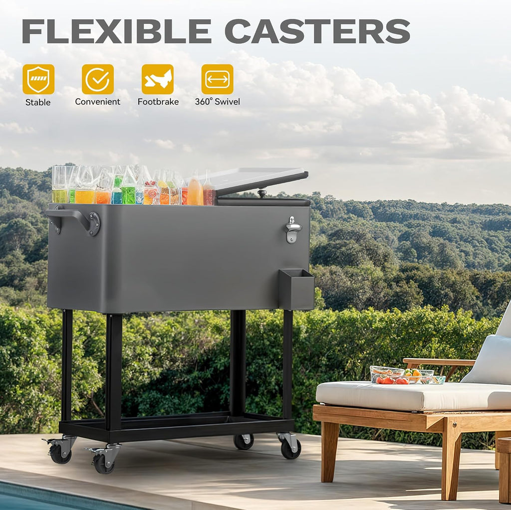 DWVO Ice Chest with Wheels,80 Quart Rolling Cooler with Bottle Opener Drainage, Patio Cooler Cart, Rolling Ice Chest with Handle for Patio Pool Deck Party BBQ Cookouts