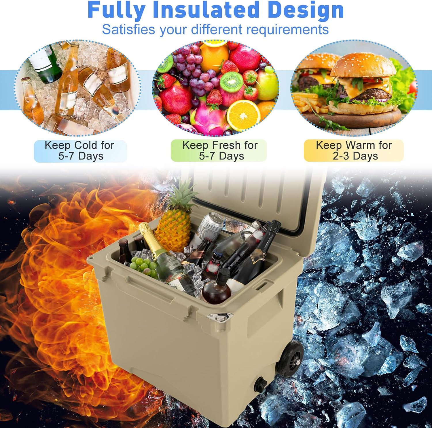 Goplus Cooler with Wheels, Insulated Large Ice Chest with Portable Handles, Cup Holders, Leak-Proof Tight Latches, 5-7-day Ice Retention, Heavy Duty Hard Coolers for Beach Camping Boat