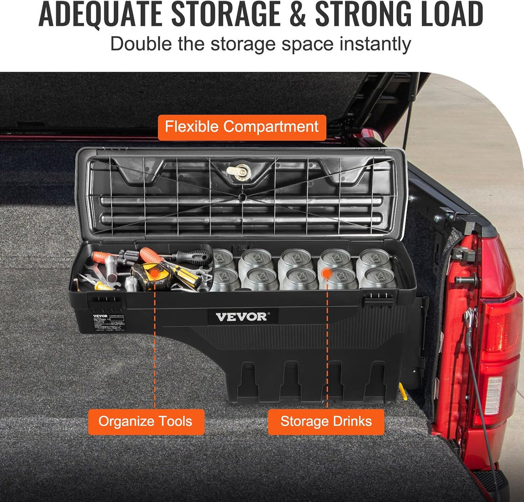 VEVOR Truck Bed Storage Box, Compatible with Chevrolet Silverado 1500 GMC Sierra 1500 2019-2020 R, Waterproof ABS Wheel Well Tool Box with Lockable Lid, 6.6 Gal/25 L Toolbox, Passenger Side, Black