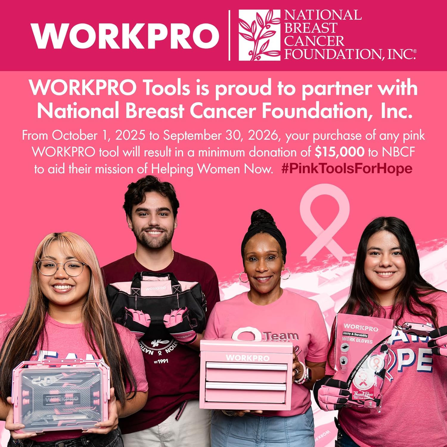 WORKPRO Pink Tool Kit with Drill, Tool Set with 20V Cordless Lithium-ion Drill Driver, Pink Drill Set for Women, 157PCS Home Tool Kit, Lady's Repairing Kit with 14-Inch Storage Bag - Pink Ribbon