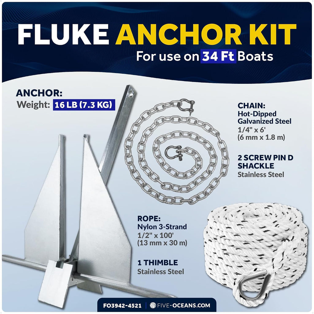 Five Oceans Fluke Boat Anchor, Heavy Duty Hot Dipped Galvanized Steel, Multiple Sizes – Ideal for Pontoon, Dinghies, Boats