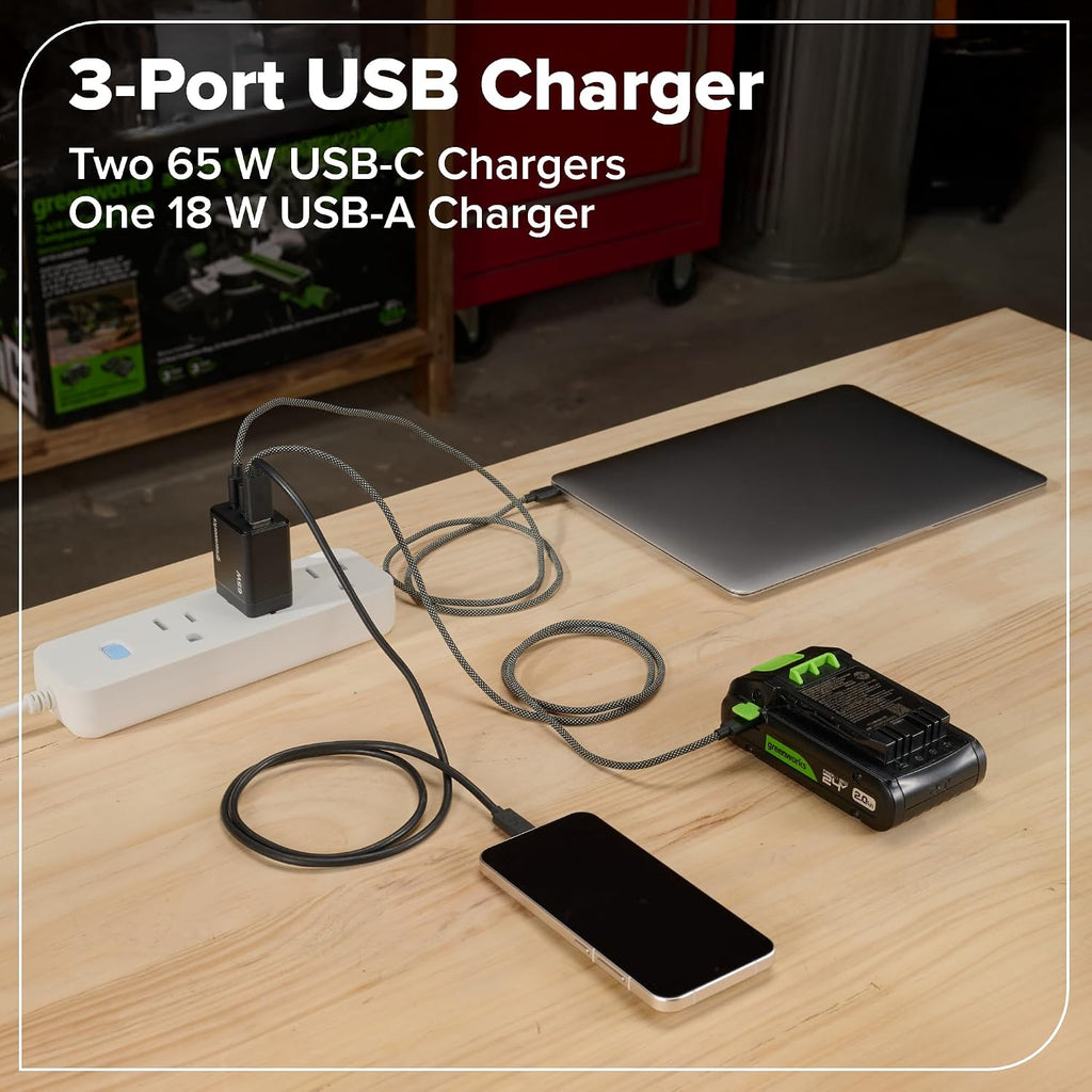 Greenworks 24V Cordless Brushless 400 in-lbs Drill/Driver+1950 in-lbs Impact Driver Combo,High Torque, Lightweight, (2) 2.0Ah USB-C Batteries(12,000mAh Power Bank) and 65W USB-C Fast Charger(3-Port)