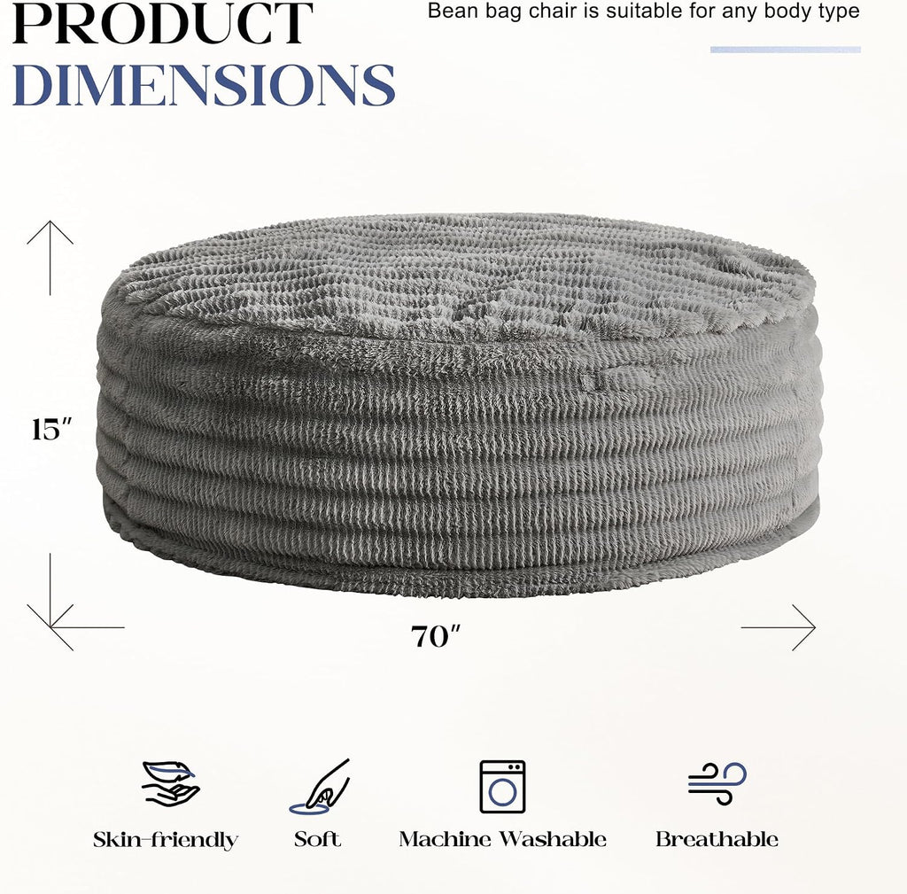 Hobestluk Bean Bag Chairs Beanbag Chair with Filler Adult Bean Bags with Fluffy Ripple Cover, Giant Bean Bag Chairs for Adults (Grey, 6FT - 70' x 70' x 15')