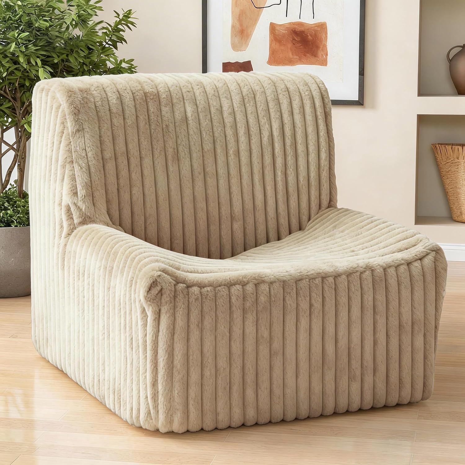 Trenda 32'' Comfy Bedroom Chair for Adult, Boneless Space-Saving Accent Chairs with with Spacious Seating, Soft Faux Fur Cover, Ideal Floor Couch for Living Room,College, Dorm to Reading (Khaki)