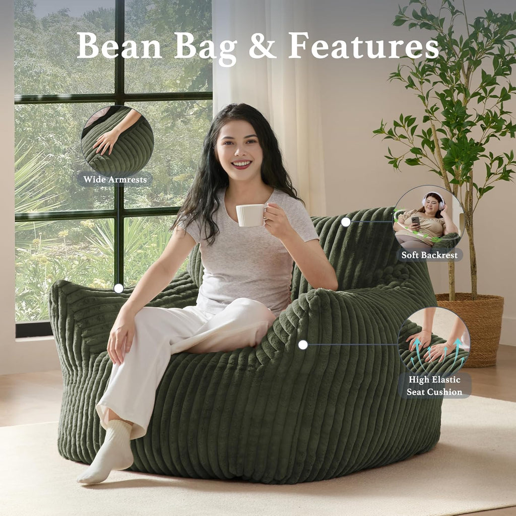 Gericco Giant Plush Bean Bag Chair for Adults with Armrests - Oversized Comfy Green Beanbag Lounge Lazy Floor Sofa Accent Chair for Living Room, Bedroom & Dorm, Cozy Fluffy Single Cloud Mini Couch