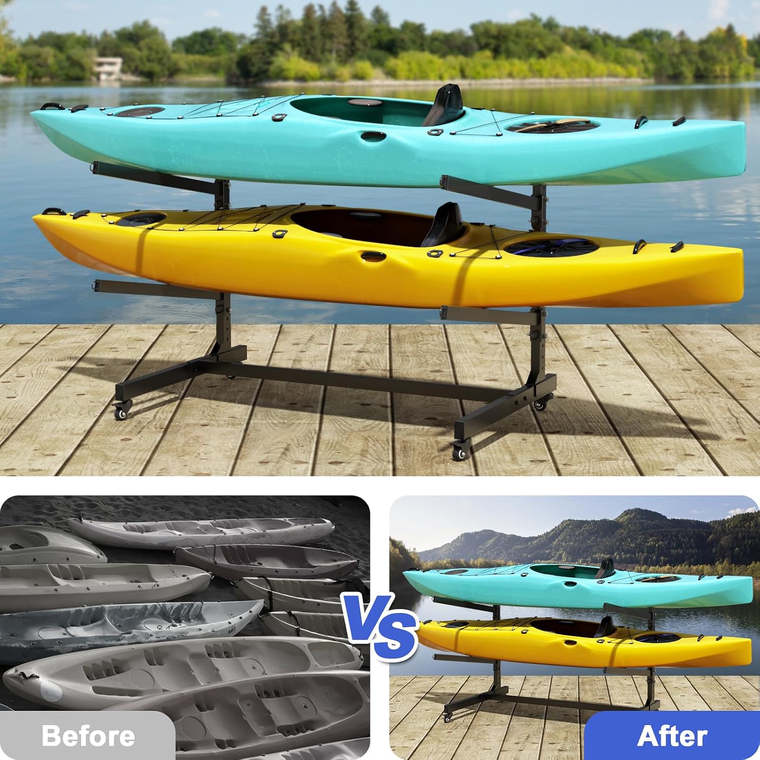 Baotree Heavy Duty Freestanding Kayak Storage Rack, Adjustable Metal Stand for 2 Kayaks, Canoes, SUPs, Paddleboards & Surfboards with Lockable Wheels, Indoor & Outdoor Use