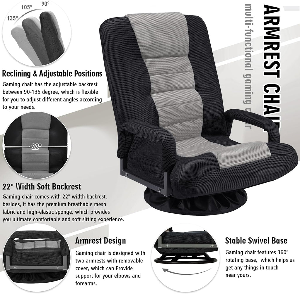 Swivel Floor Gaming Chair w/Armrests,Folding Video Reclining Sofa w/6 Adjustable Position, Padded Backrest & Cushion, Lazy Lounger Couch for E-Sports, Reading, Relaxing, Watching TV, Grey