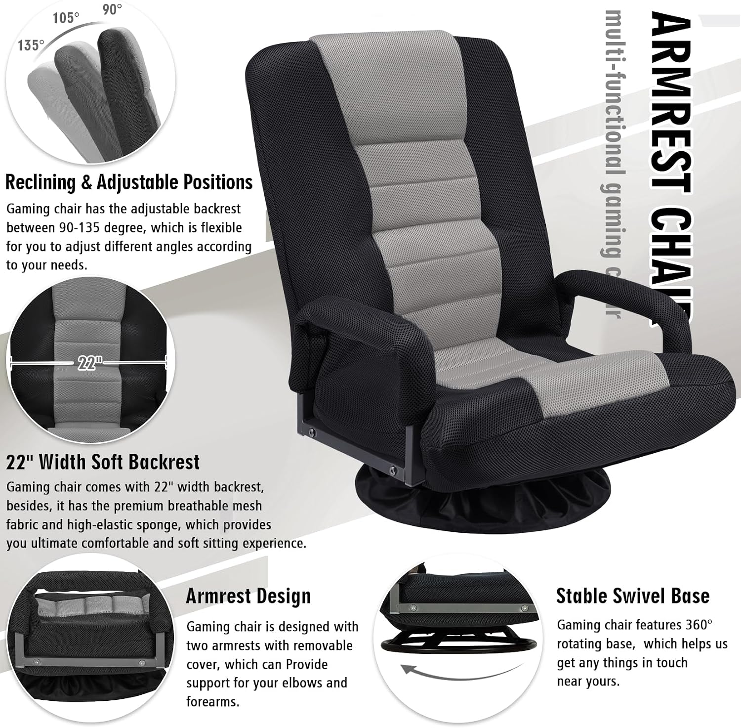 Swivel Floor Gaming Chair w/Armrests,Folding Video Reclining Sofa w/6 Adjustable Position, Padded Backrest & Cushion, Lazy Lounger Couch for E-Sports, Reading, Relaxing, Watching TV, Grey