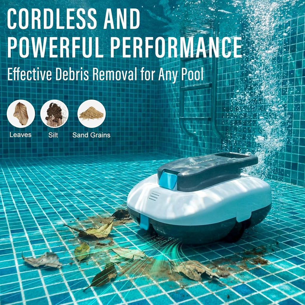 STARRYBOT Cordless Robotic Pool Cleaner with Dual high-Efficiency Motors Delivers Strong Suction, Smart Self-Parking,Smart LED Indicator,Pool Vacuum for Above-Ground Flat Pool up to 900 Sq.ft(White)