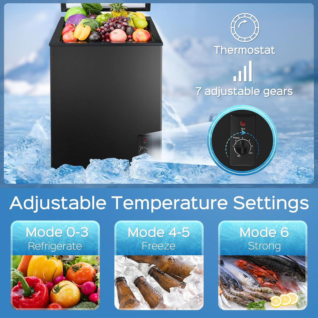 Anypro Chest Freezer 4.5 Cu.Ft, FreeStanding Top Door Compact Small Deep Mini Freezer with Removable Basket, 7 Adjustable Temperatures for Garage Dorm Apartment RV Kitchen Business, Black