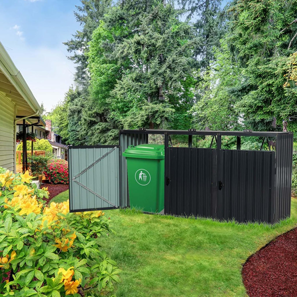 Outdoor Garbage Bin Storage Shed for 3 Trash Cans, Stainless Galvanized Steel Bin Shed with Lockable Doors, Metal Trash Can Hider for Garden Yard Lawn (Black)