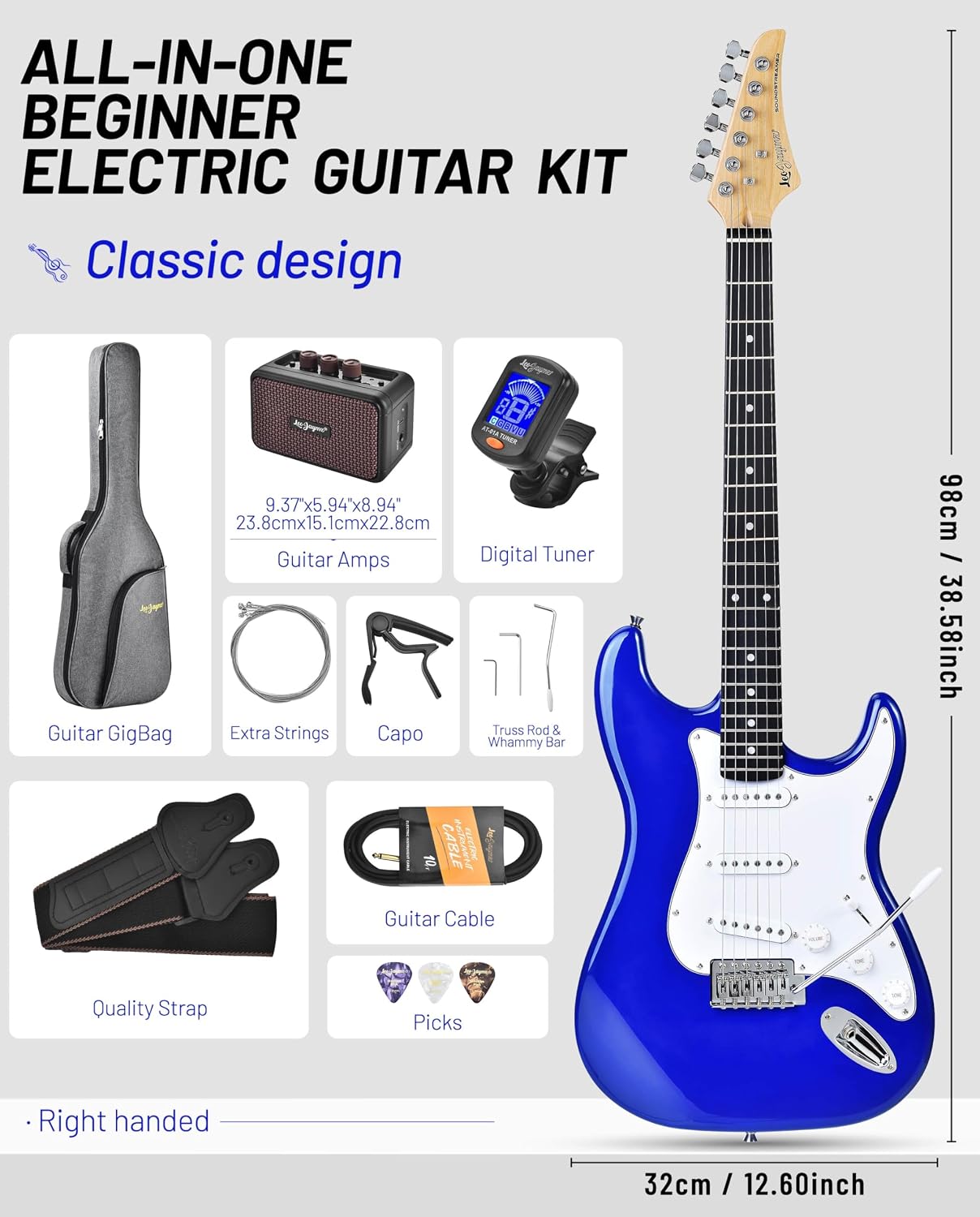 Leo Jaymz Beginner Electric Guitar Complete Kit with Portable Amp, Padded Gig Bag & Full Accessories, Maple Neck SSS Pickups(Royal Blue)
