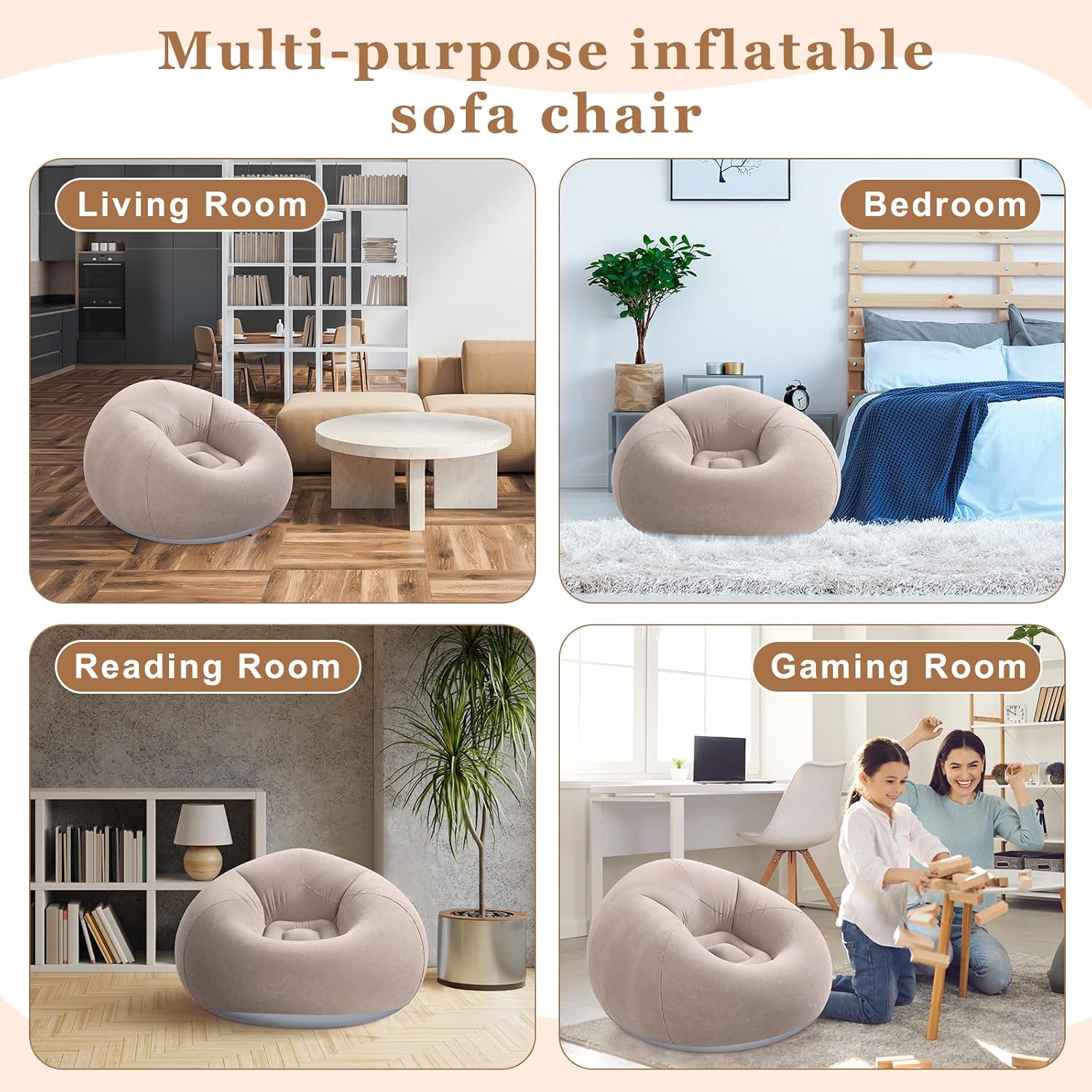 Realspring 6 9 12 Pcs Inflatable Bean Bag Chairs for Adults with Electric Air Pump, Blow up Couch Folding Portable Inflatable Couch Lazy Sofa for Outdoor Movie Night Camping(Coffee,9 Pcs)