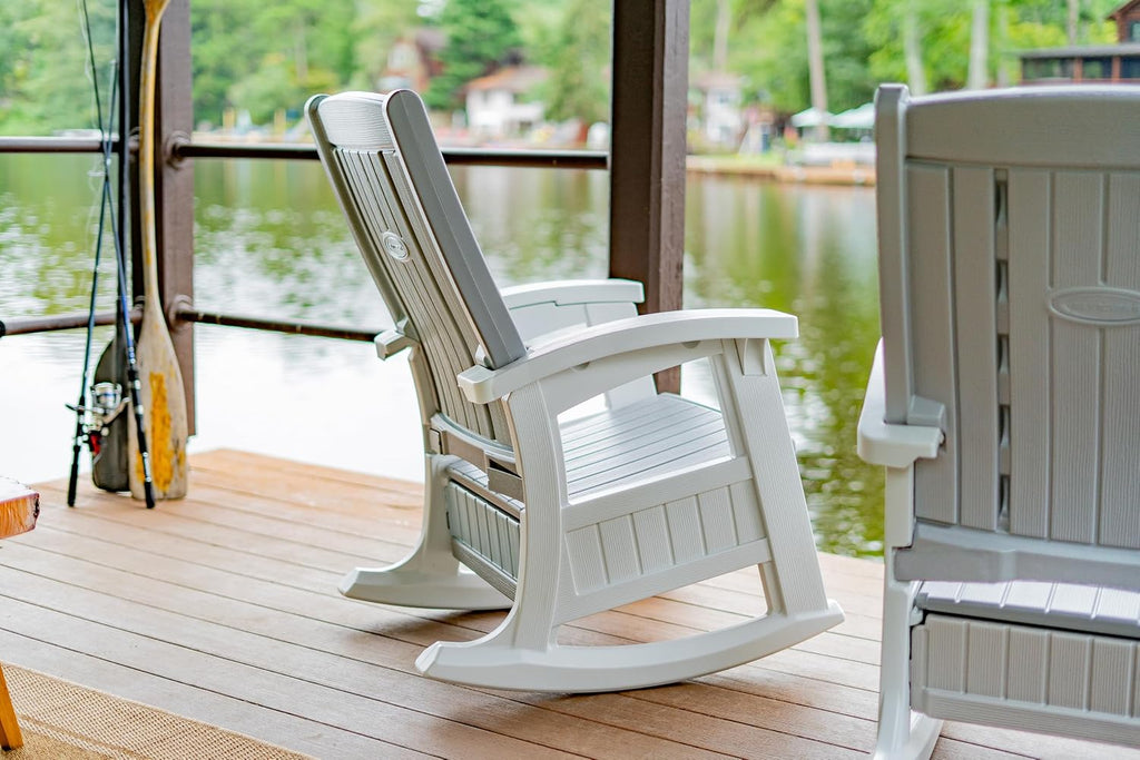 Suncast Outdoor Patio Rocking Chair with Under-Seat Storage, Stylish Faux Wood Outdoor Rocker for Patios, Dove Gray and Ice Cube, Made in The USA