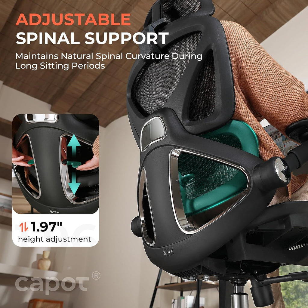 CAPOT Ergonomic Mesh Office Chair, Adjustable Lumbar High Back Desk Chair 400lbs, 4D Flip-up Arms, 3 Tilt Backrest, 3D Headrest, PU Wheels, Swivel Rolling Computer Chair for Long Desk Work - Black