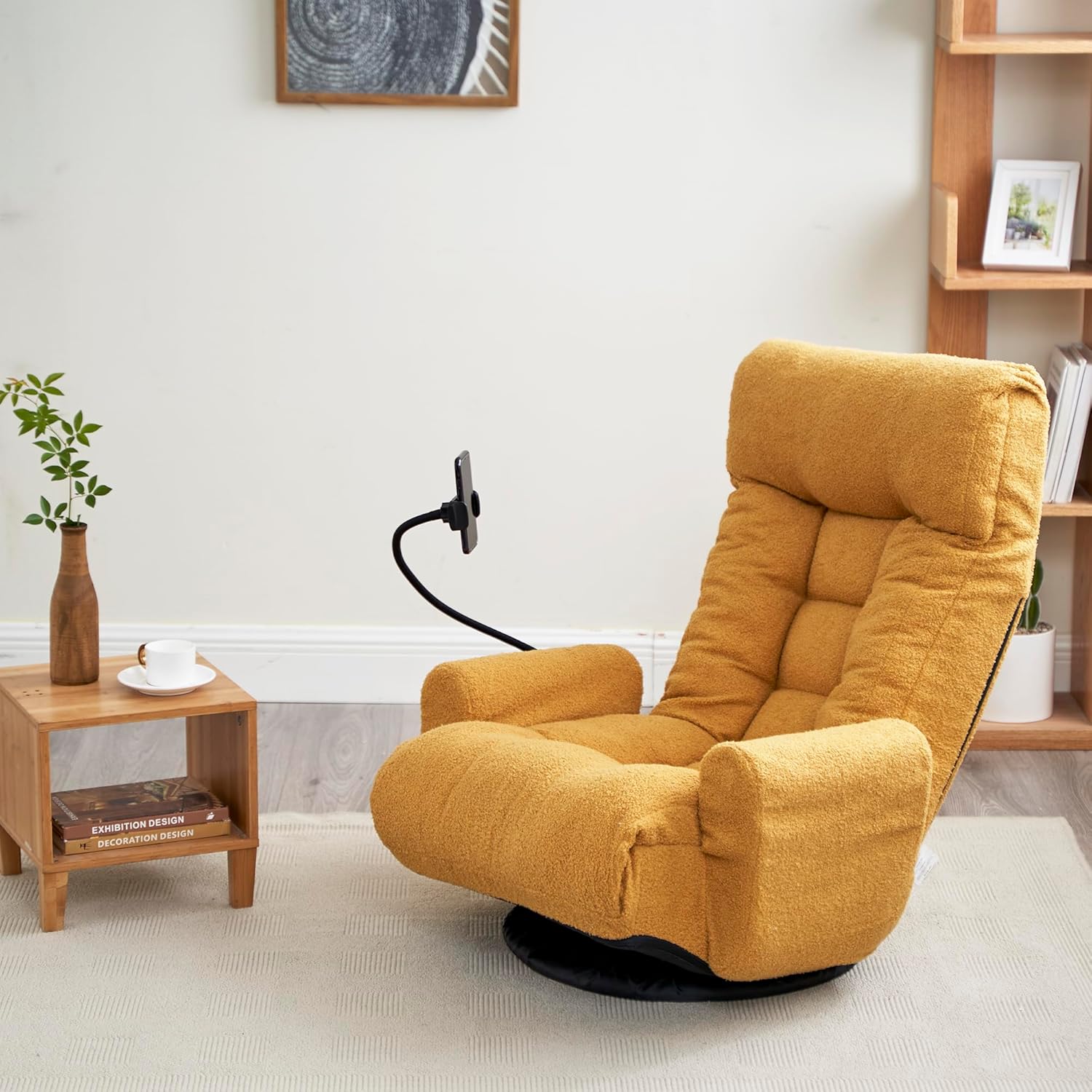 360° Swivel Floor Gaming Chair Yellow Teddy Folding Chaise Lounge Chair Adjustable Comfy Sofa Chair with Armrests, Phone Holder & Padded Cushion, Ideal for Living Room, Bedroom