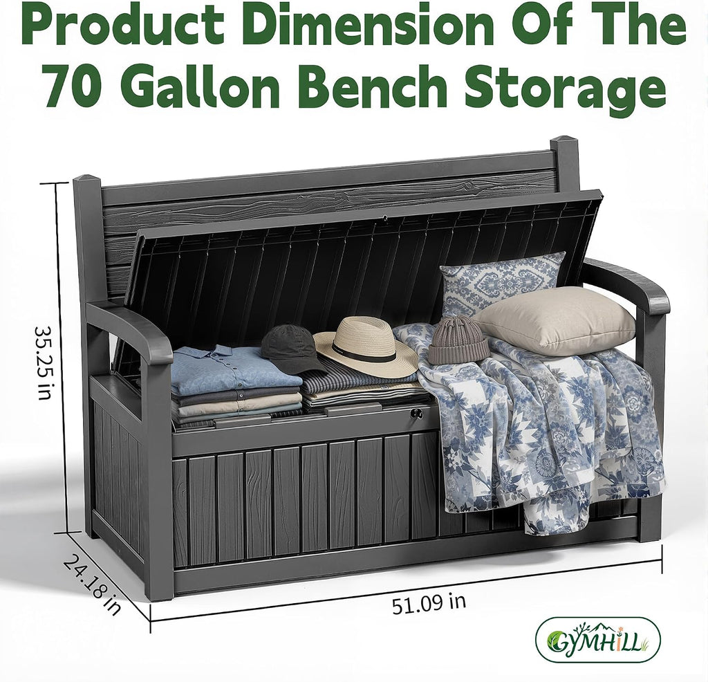 80 Gallon Outdoor Storage Bench Spacious Storage Box Waterproof Resin Deck Box Lockable for Patio, Garden, Living Room & Outdoor Spaces（Black）