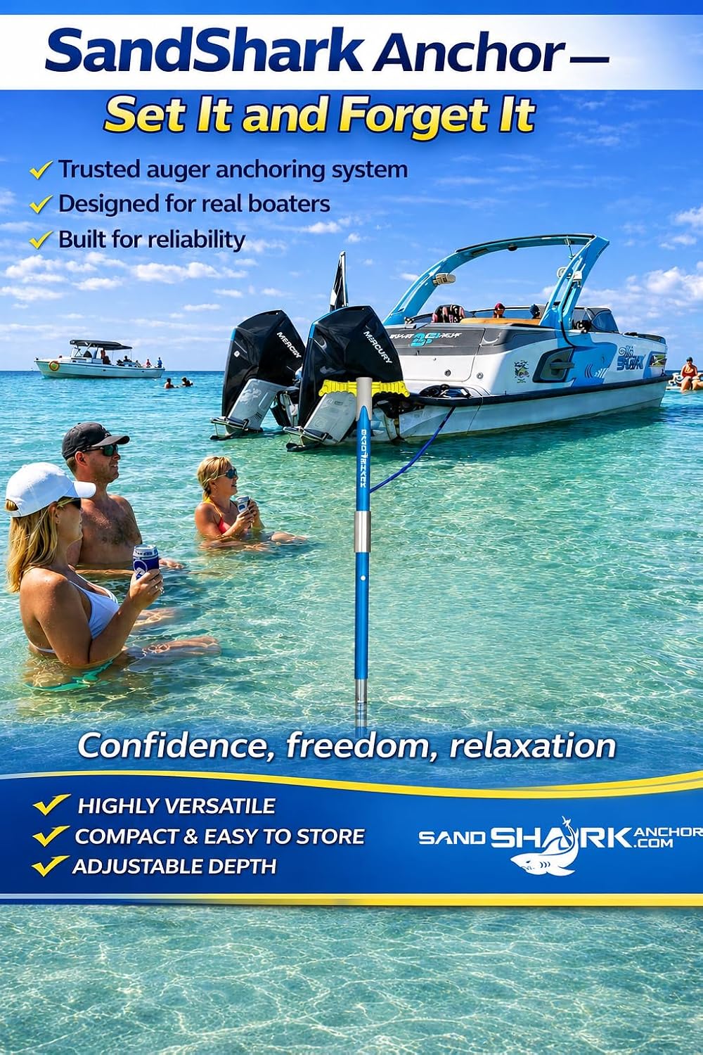 SandShark Supersport 3.0 Shallow Water Anchor - Great Jet Ski, PWC, Pontoon Boat Accessory - Adjusts 29'-48' w/Case