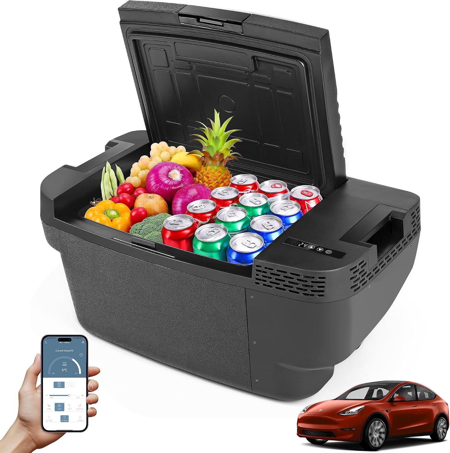 Car Refrigerator for Tesla Model Y, 【APP Control】 37QT(35L) -4℉~68℉ Car Fridge 12V Refrigerator for Tesla Model Y, Trunk Portable Freezer for Camping Tailgating Road Trip Home 12/24V DC&120~240V AC