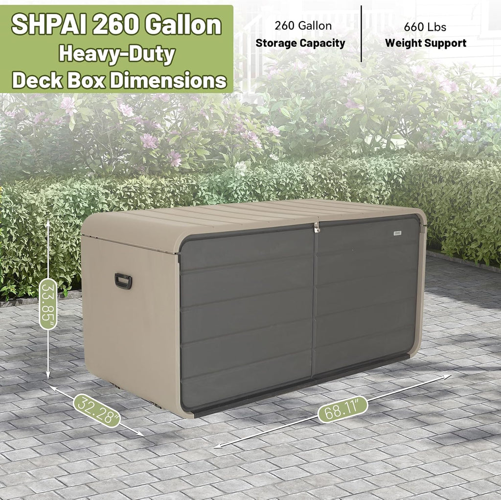 Resin Deck Box 260 Gallons, Extra Large Heavy-Duty Outdoor Storage Box, Lockable & Waterproof Patio Outside Storage Box for Patio Furniture, Garden Tools, Pool Supplies