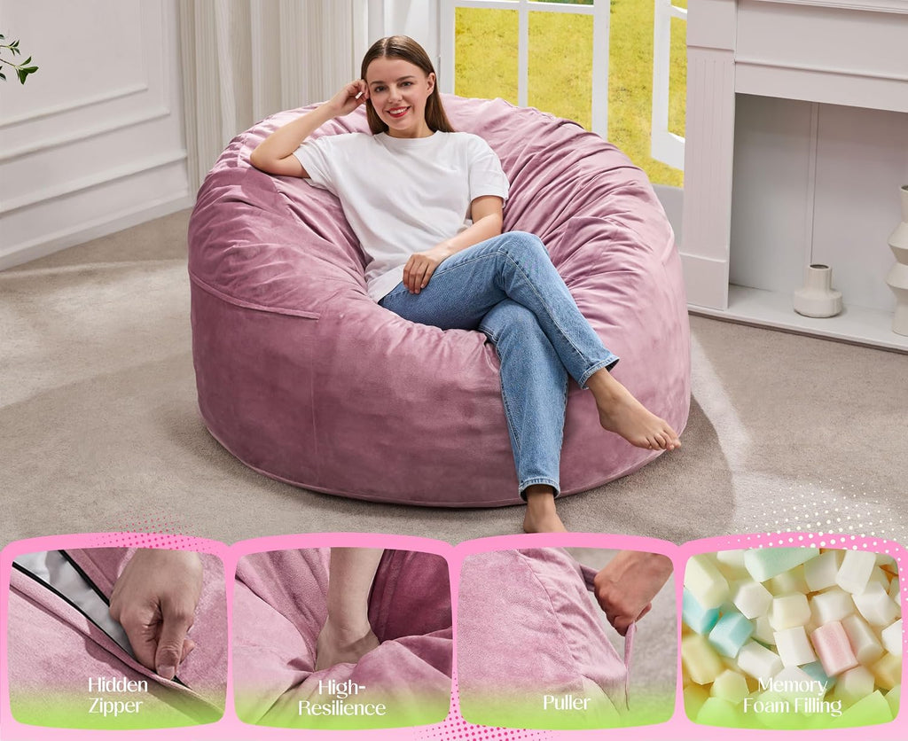 Hobestluk Giant Bean Bag Chair Bed for Adults, Large Bean Bags with High-Density Foam Filling, Convertible Big Sofa Bed Couch for Living Room, Bedroom, Playroom (Pink, Full)