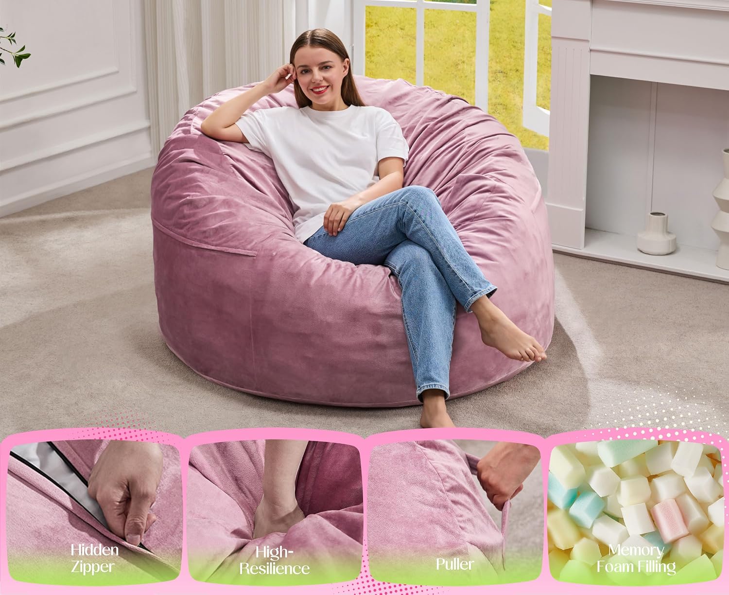 Hobestluk Giant Bean Bag Chair Bed for Adults, Large Bean Bags with High-Density Foam Filling, Convertible Big Sofa Bed Couch for Living Room, Bedroom, Playroom (Pink, Full)
