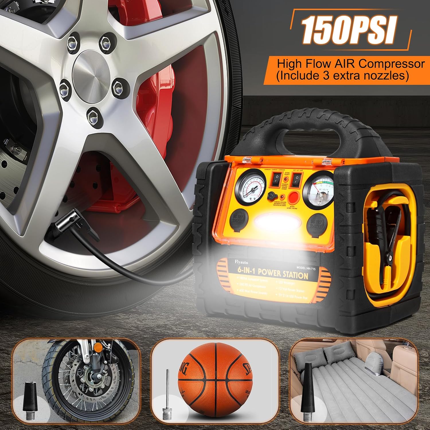 2200A Car Jump Starter with Air Compressor 150PSI,12V Portable Battery Jump Box (8.5L Gas/8L Diesel), Battery Booster with 400W Power Station AC/DC/USB
