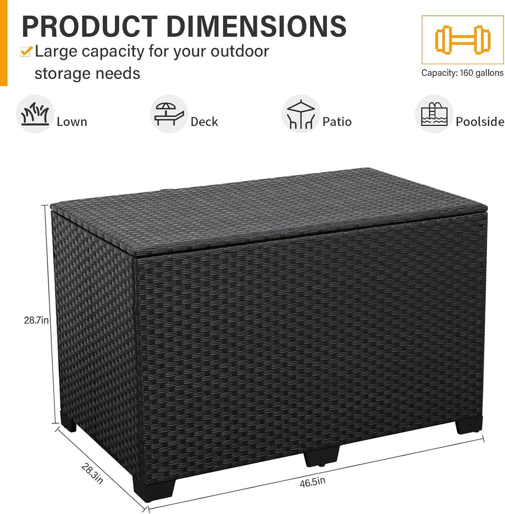 Valita Outdoor Wicker Storage Box, Big Size,Resin Black Rattan Deck Bin with Lid,150 Gallon,Water-resistant Liner Container for Patio Gardening Tools, Cushions, Pool Accessory,Pillows
