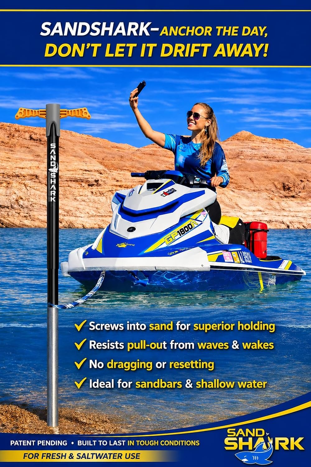 SandShark Supersport 3.0 Shallow Water Anchor - Great Jet Ski, PWC, Pontoon Boat Accessory - Adjusts 29'-48' w/Case