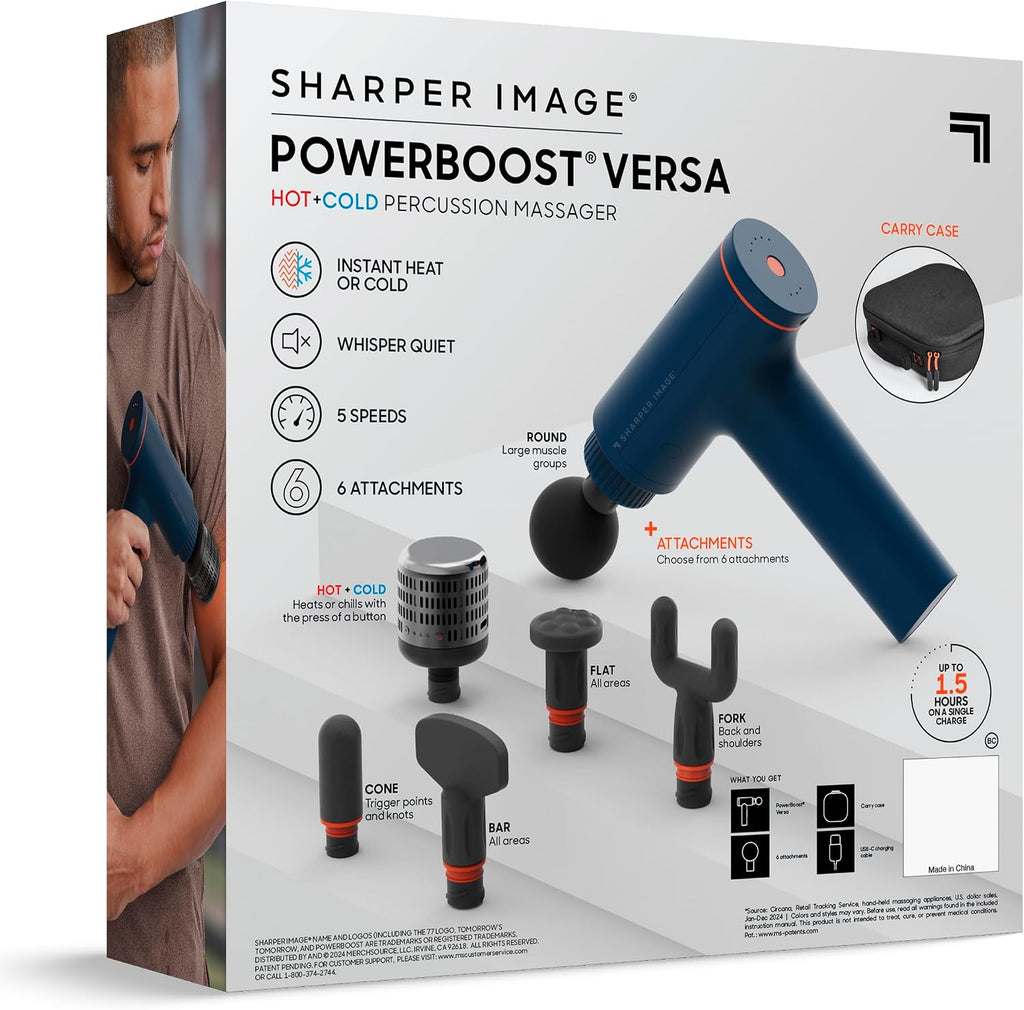 Sharper Image Deep Tissue Percussion Massage Gun, Powerboost Versa Hot & Cold Rechargeable Handheld Massager, 5 Adjustable Speeds, 6 Attachment Heads & Carrying Case, for Muscle Pain Relief, Blue