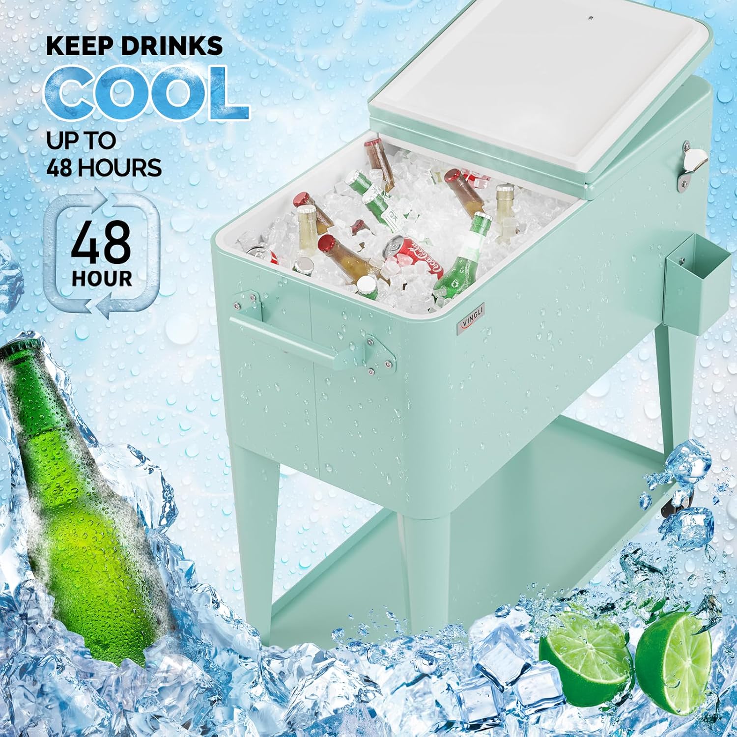VINGLI Rolling Ice Chest, Portable Patio Party Bar Drink Cooler Cart, with Shelf, Beverage Pool with Bottle Opener