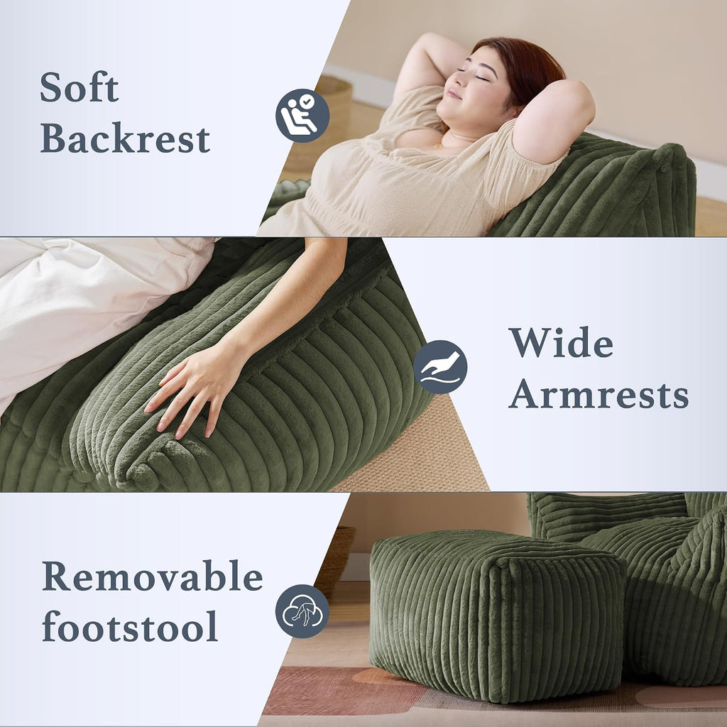 Gericco Oversized Bean Bag Chaise Lounge Chair Indoor for Adults with Armrests & Ottoman - Giant Comfy Green Beanbag Lazy Floor Sofa Cloud Accent Chair for Reading, Gaming, Cozy Plush Cloud Mini Couch