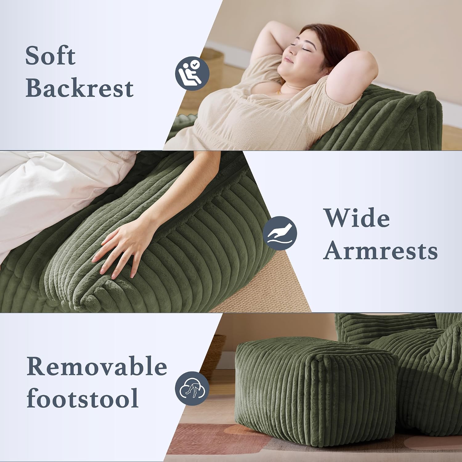 Gericco Oversized Bean Bag Chaise Lounge Chair Indoor for Adults with Armrests & Ottoman - Giant Comfy Green Beanbag Lazy Floor Sofa Cloud Accent Chair for Reading, Gaming, Cozy Plush Cloud Mini Couch