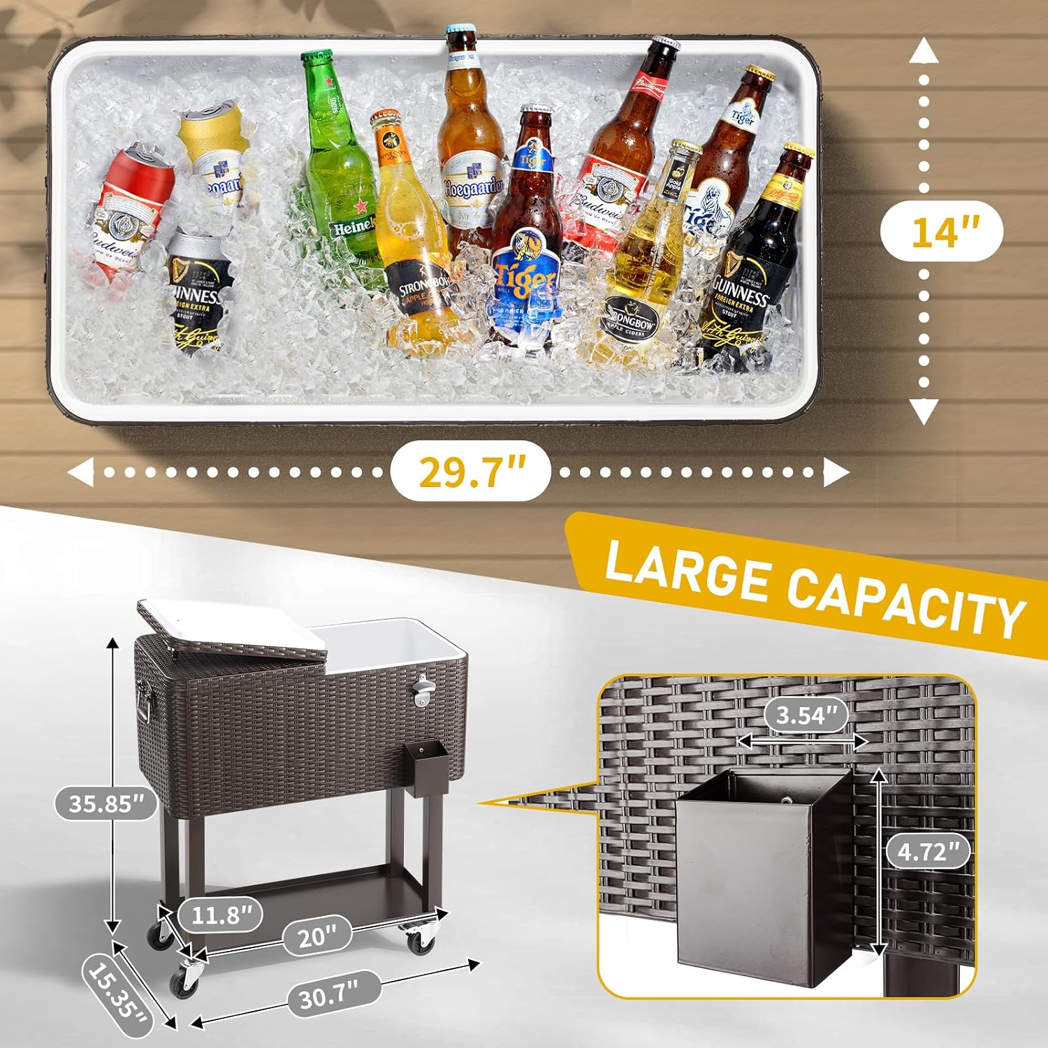 Outvita 80 Quart Rolling Ice Chest, Portable Bar Drink Cooler with Catch Basin, Bottom Storage Tray and Bottle Opener for Patio Party BBQ Beach Activities