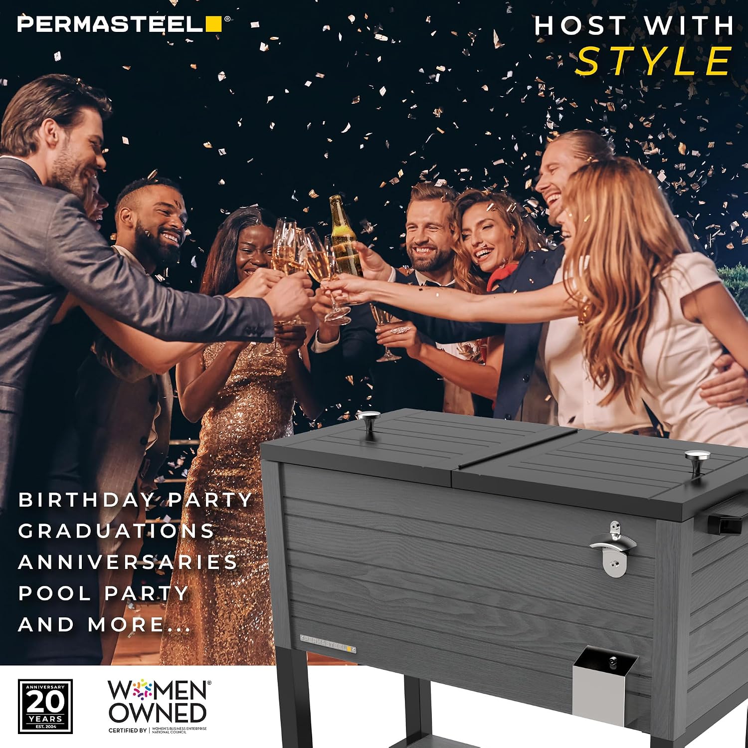 Permasteel 80 Quart Party Cooler, Rolling Ice Chest with Wheels and Handles for Indoor Outdoor Patio