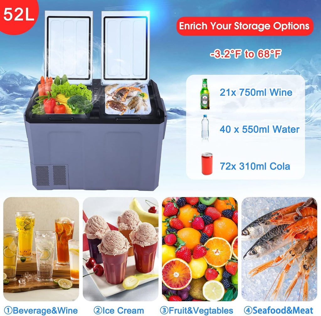 Car Refrigerator 12v Portable Fridge for Car, Auto Dual 52 Quart (49L) Portable Freezer Electric Compressor Cooler for Truck Van RV SUV Boat Camping Travel Road Trips and Home use 12V/24V DC, -7℉~68℉