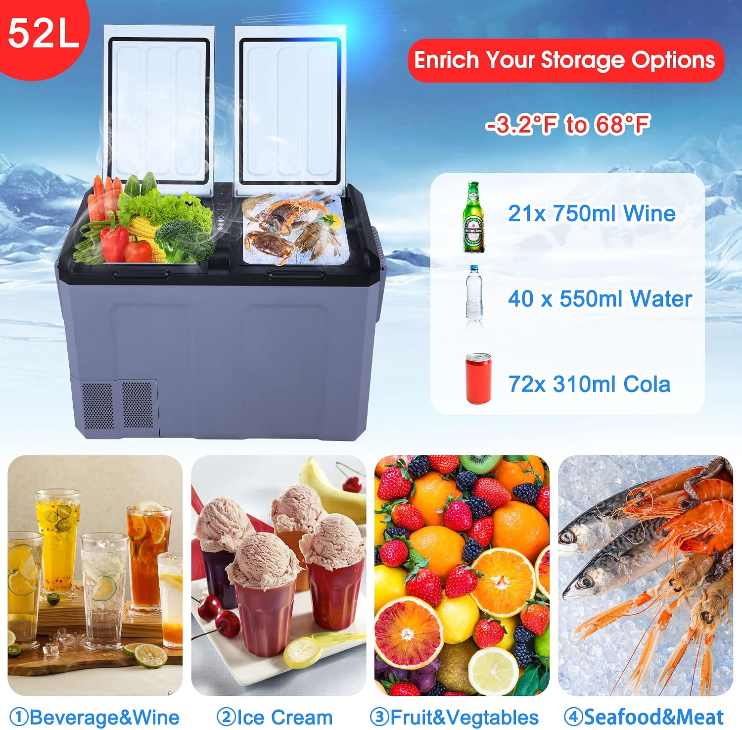 Car Refrigerator 12v Portable Fridge for Car, Auto Dual 52 Quart (49L) Portable Freezer Electric Compressor Cooler for Truck Van RV SUV Boat Camping Travel Road Trips and Home use 12V/24V DC, -7℉~68℉