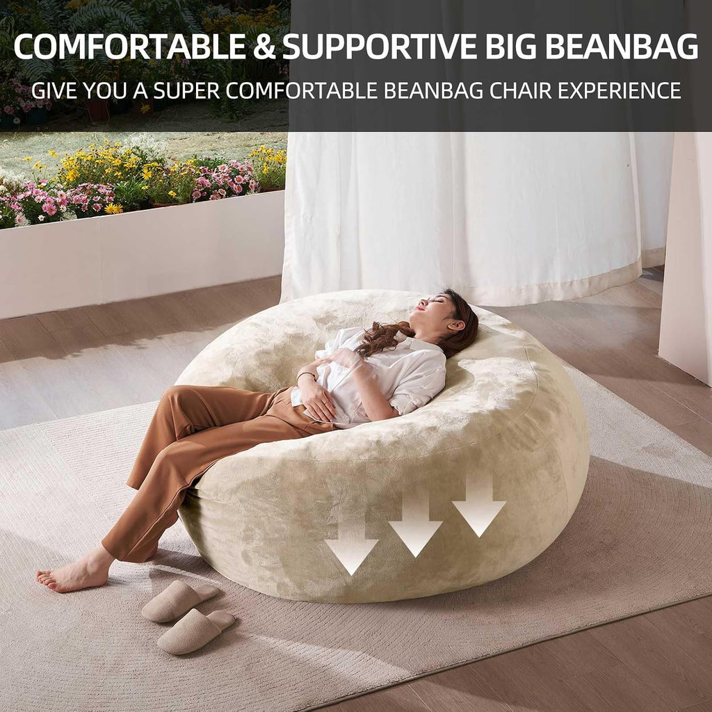 SANAE Oversized 5FT Memory Foam Bean Bag Chair for Adults - Apricot Corduroy Fabric with Filling, Supportive & Washable Plush Movie Night Beanbag, Giant Lounge Chair for Bedroom/Classroom/Dorm