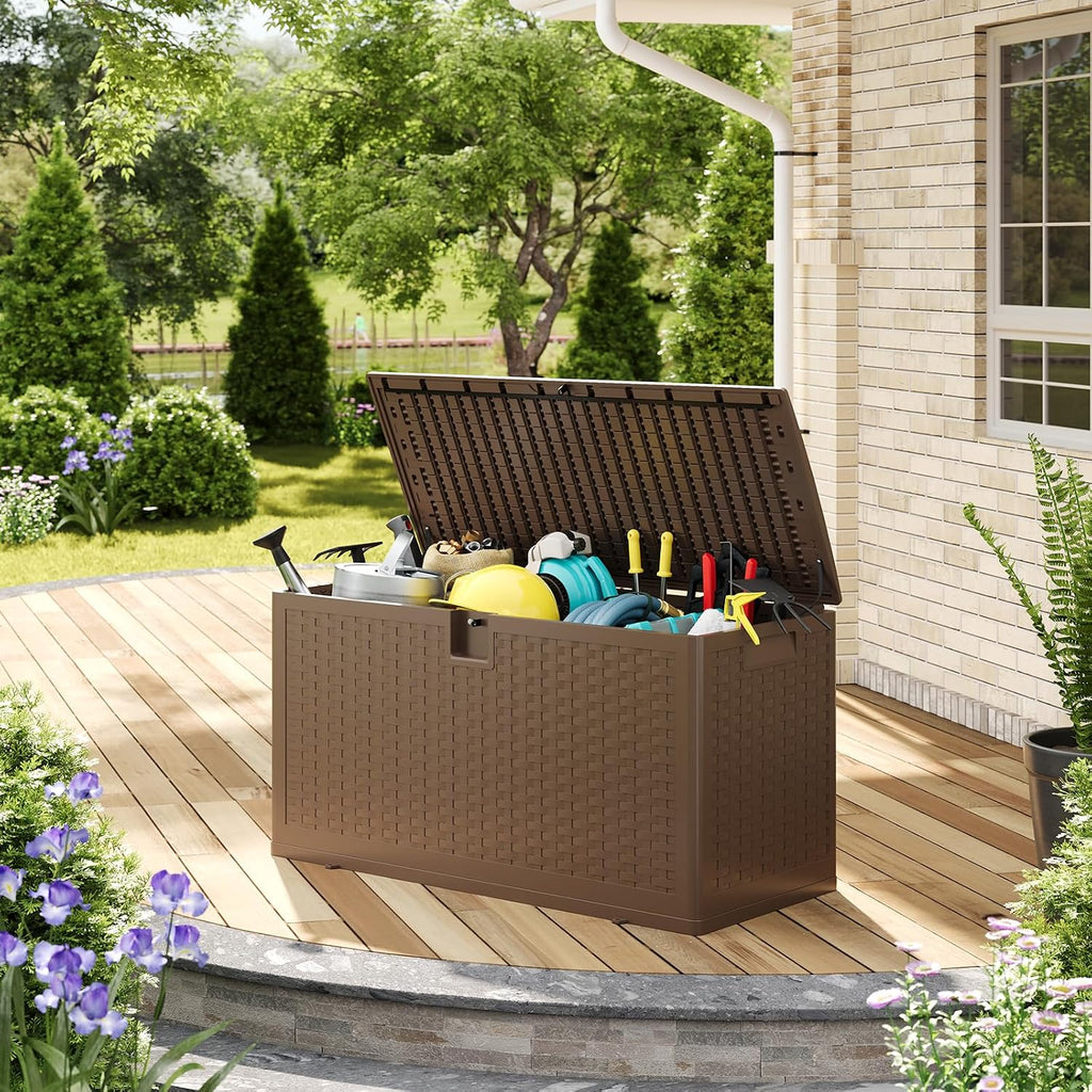 Garvee Outdoor Storage Box, 73 gal Large Waterproof Resin Deck Box Indoor Outdoor Use, Lockable UV Resistant Storage Bin for Patio, Garden, Cushions, Tools, Equipment, Brown