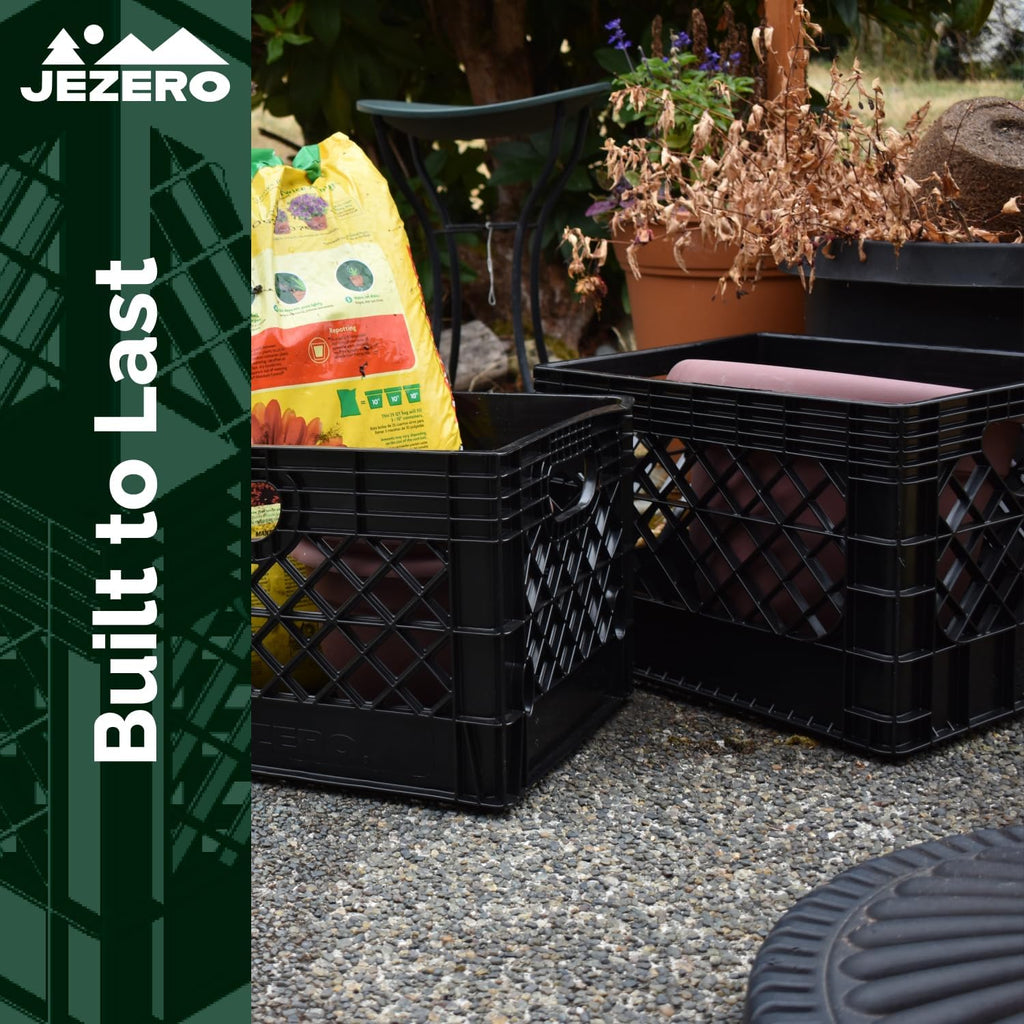 JEZERO 20 Quart 4-Pack Heavy Duty Plastic Crate | Stackable Multi-Purpose Storage Bin for Garage, Home, Office, Groceries, Outdoor, Camping & Kayaking | Black Utility Tote, 17' x 13' x 11'